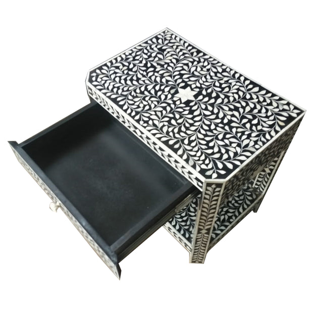 Bone Inlay 1 Drawer Bedside Table or Side Table with Shelf - Black Floral - Abacus and Hunt Melbourne | Unique Furniture