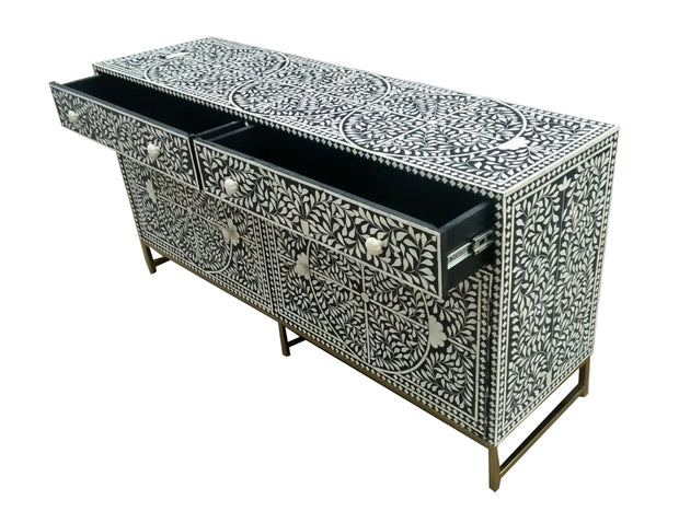 Bone Inlay Buffet Chest of Drawers - Black Floral Scroll - Abacus and Hunt Melbourne | Unique Furniture