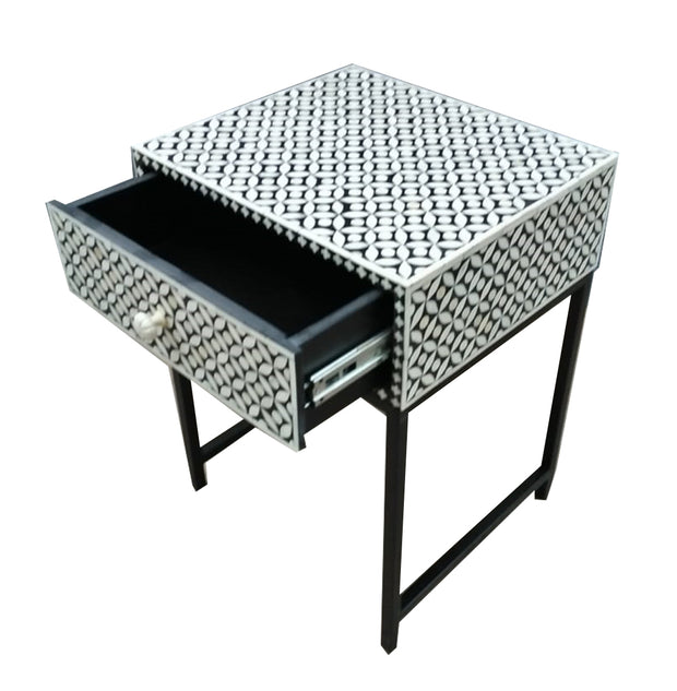 Bone Inlay 1 Drawer Bedside Table with Black Frame- Black Geometric - Abacus and Hunt Melbourne | Unique Furniture