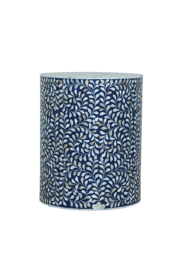 Mother of Pearl Inlay Drum Side Table - Indigo Blue