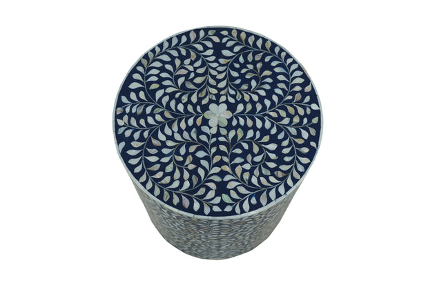 Mother of Pearl Inlay Drum Side Table - Indigo Blue
