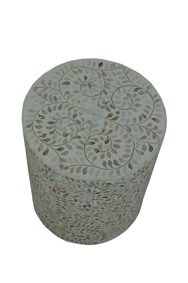 Mother of Pearl Inlay Drum Side Table - White