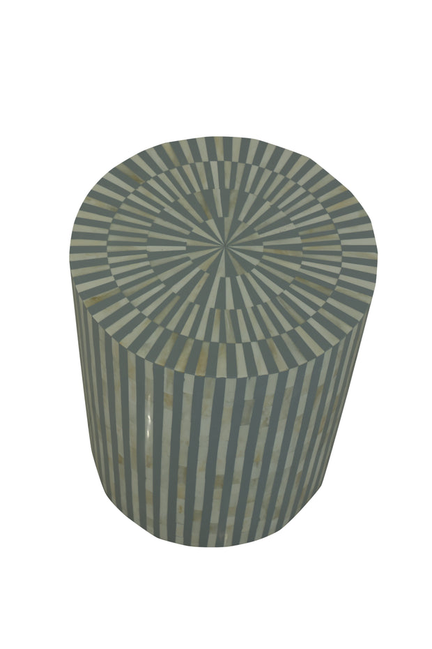 Bone Inlay Drum Side Table - Grey Stripe
