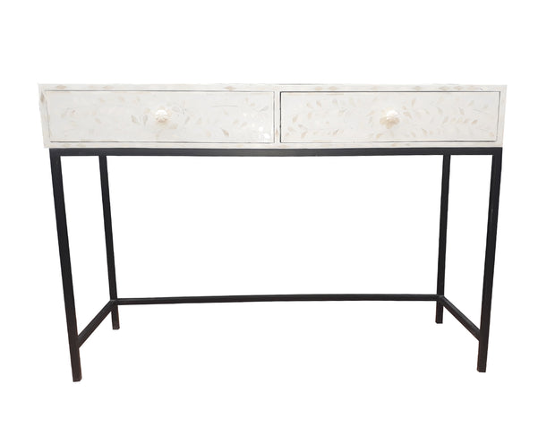 Bone Inlay 2 Drawer Side Table - White Floral - Abacus and Hunt
