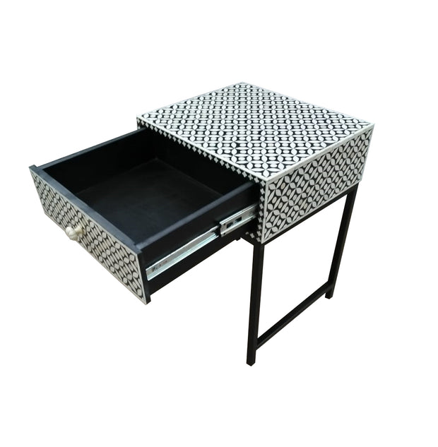 Bone Inlay 1 Drawer Bedside Table with Black Frame- Black Geometric - Abacus and Hunt Melbourne | Unique Furniture