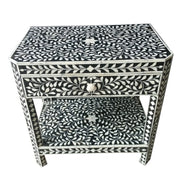 Bone Inlay 1 Drawer Bedside Table or Side Table with Shelf - Black Floral - Abacus and Hunt Melbourne | Unique Furniture