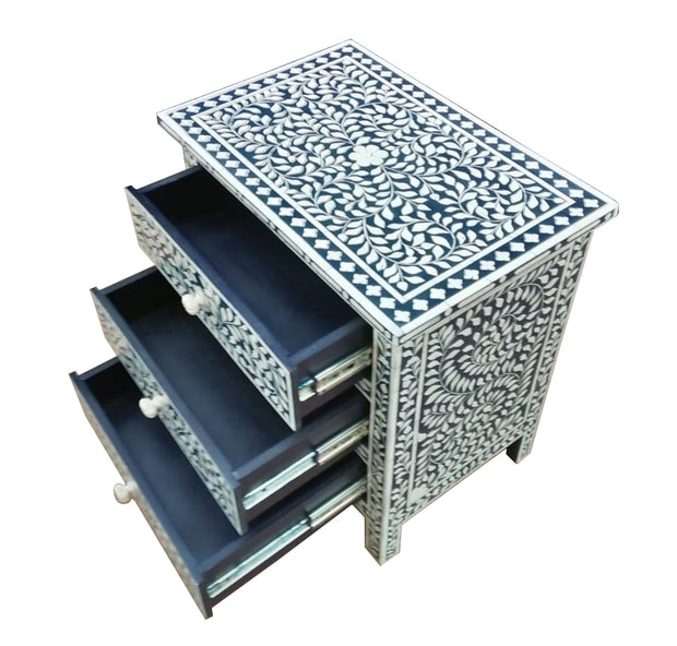 Bone Inlay Large 3 Drawer Bedside Table - Navy Blue Floral - Abacus and Hunt