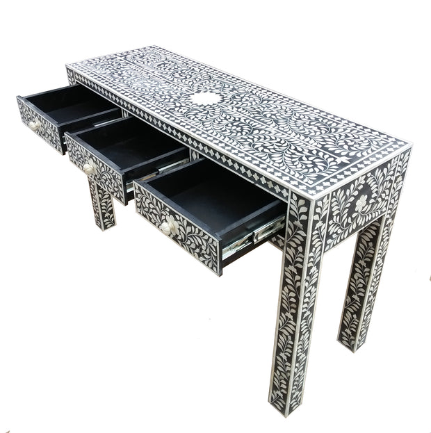 Bone Inlay 3 Drawer Hall Table or Side Table - Black Floral - Abacus and Hunt Melbourne | Unique Furniture