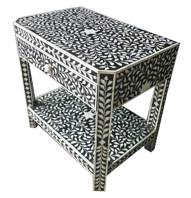 Bone Inlay 1 Drawer Bedside Table or Side Table with Shelf - Black Floral - Abacus and Hunt Melbourne | Unique Furniture