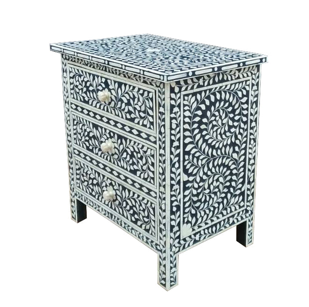 Bone Inlay Large 3 Drawer Bedside Table - Navy Blue Floral - Abacus and Hunt