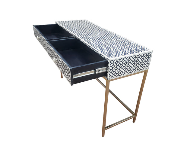 Bone Inlay 2 Drawer Side Table - Black Geometric - Abacus and Hunt