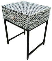 Bone Inlay 1 Drawer Bedside Table with Black Frame- Black Geometric - Abacus and Hunt Melbourne | Unique Furniture