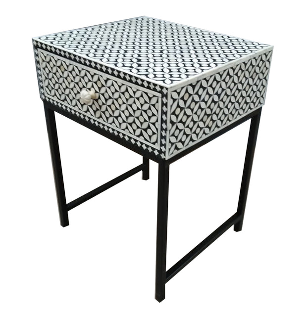 Bone Inlay 1 Drawer Bedside Table with Black Frame- Black Geometric - Abacus and Hunt Melbourne | Unique Furniture