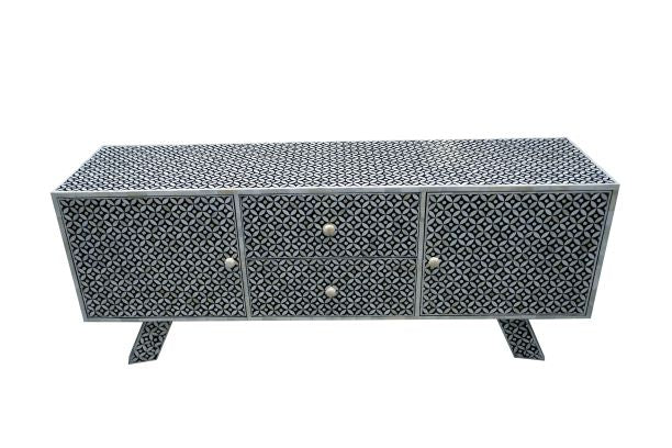Large Bone Inlay Entertainment Sideboard - Black Geometric - Abacus and Hunt
