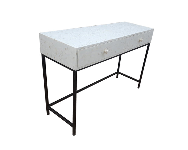 Bone Inlay 2 Drawer Side Table - White Floral - Abacus and Hunt