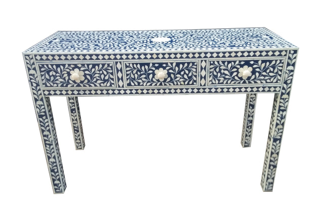 Bone Inlay 3 Drawer Hall Table or Side Table - Indigo Blue Floral - Abacus and Hunt Melbourne | Unique Furniture
