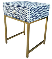 Bone Inlay 1 Drawer Bedside Table - Indigo Blue Geometric - Abacus and Hunt Melbourne | Unique Furniture
