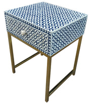 Bone Inlay 1 Drawer Bedside Table - Indigo Blue Geometric - Abacus and Hunt Melbourne | Unique Furniture
