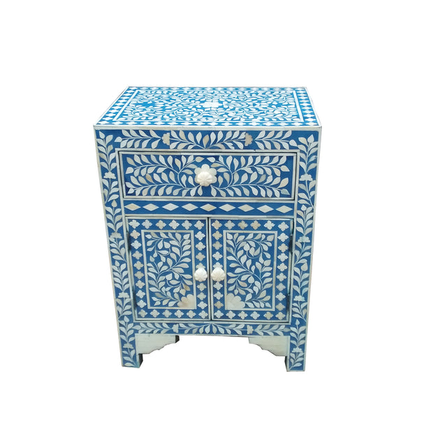 Bone Inlay Bedside Table - Blue Floral - Abacus and Hunt Melbourne | Unique Furniture