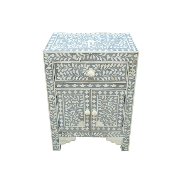 Bone Inlay Bedside Table - Grey Floral - Abacus and Hunt Melbourne | Unique Furniture
