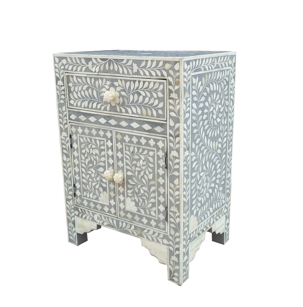 Bone Inlay Bedside Table - Grey Floral - Abacus and Hunt Melbourne | Unique Furniture