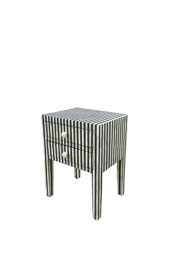 Bone Inlay Bedside Table with 2 Drawers - Black Stripe - Abacus and Hunt Melbourne | Unique Furniture