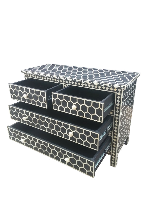 Bone Inlay 4 Drawer Chest of Drawers - Black Honeycomb - Abacus and Hunt Melbourne | Unique Furniture
