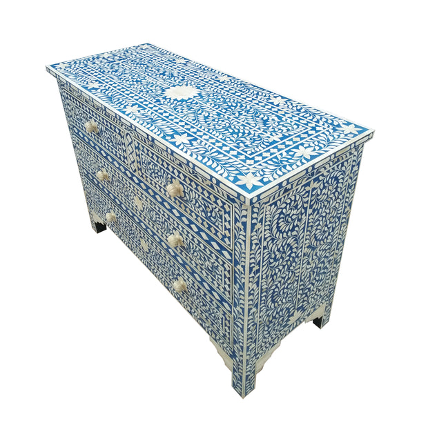 Bone Inlay 4 Drawer Chest of Drawers - Blue Floral - Abacus and Hunt Melbourne | Unique Furniture