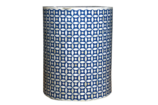 Bone Inlay Drum Side Table - Blue Geometric