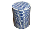 Bone Inlay Drum Side Table - Blue Geometric