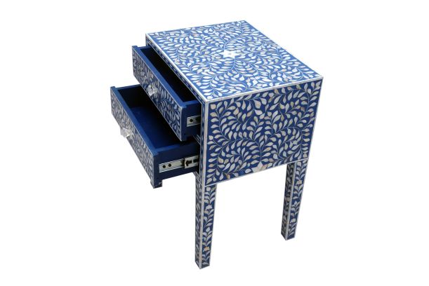 Mother of Pearl Inlay Bedside Table - Indigo Blue - Abacus and Hunt