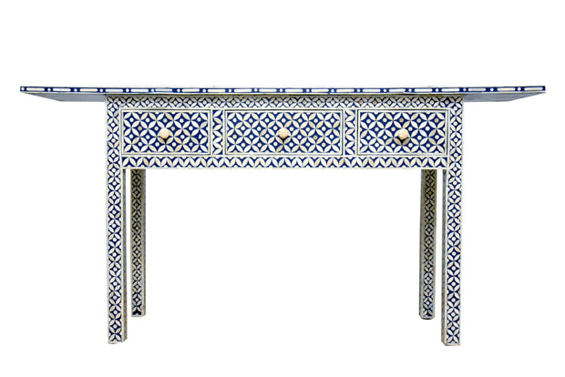 Bone Inlay 3 Drawer Hall Table or Side Table - Indigo Blue Geometric