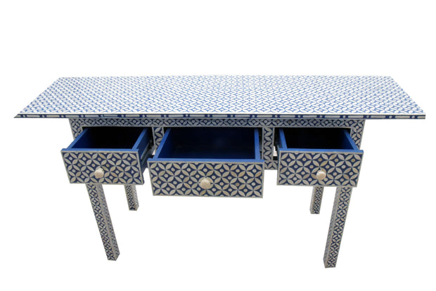 Bone Inlay 3 Drawer Hall Table or Side Table - Indigo Blue Geometric