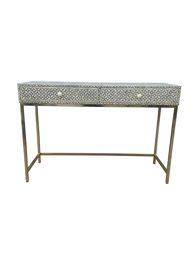 Bone Inlay 2 Drawer Side Table - Grey Geometric - Abacus and Hunt Melbourne | Unique Furniture