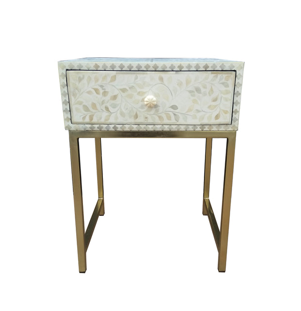 Bone Inlay 1 Drawer Bedside Table - White Floral - Abacus and Hunt Melbourne | Unique Furniture