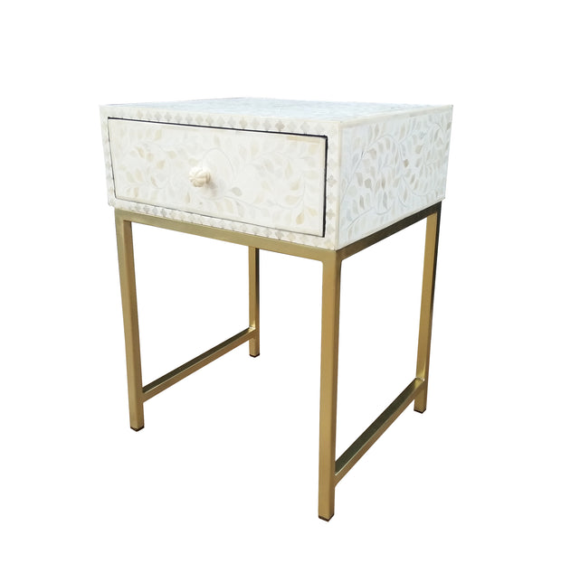 Bone Inlay 1 Drawer Bedside Table - White Floral - Abacus and Hunt Melbourne | Unique Furniture