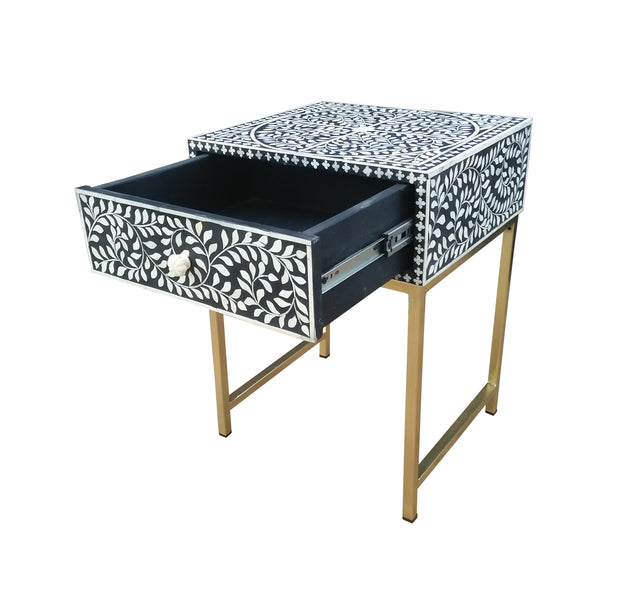 Bone Inlay 1 Drawer Bedside Table - Black Floral - Abacus and Hunt Melbourne | Unique Furniture