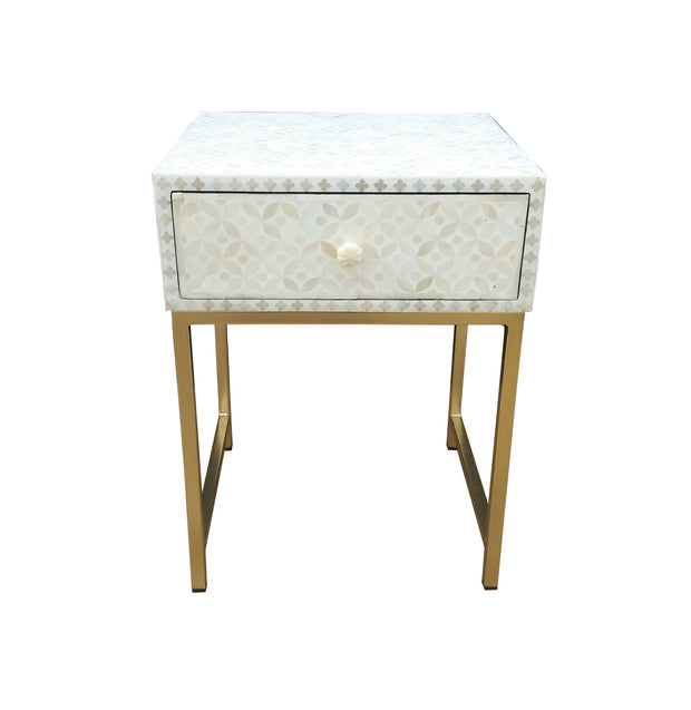 Bone Inlay Bedside Table Mother of Pearl Inlay White Handcrafted