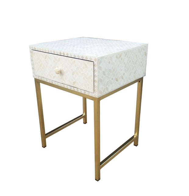 Bone Inlay 1 Drawer Bedside Table - White Geometric - Abacus and Hunt Melbourne | Unique Furniture