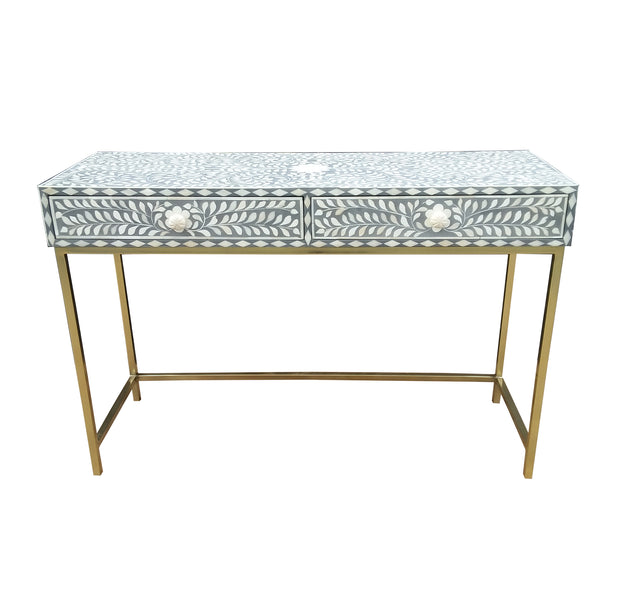 Bone Inlay 2 Drawer Side Table - Grey Floral - Abacus and Hunt Melbourne | Unique Furniture
