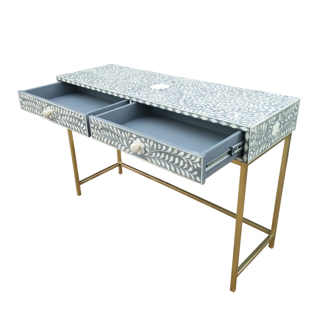 Bone Inlay 2 Drawer Side Table - Grey Floral - Abacus and Hunt Melbourne | Unique Furniture