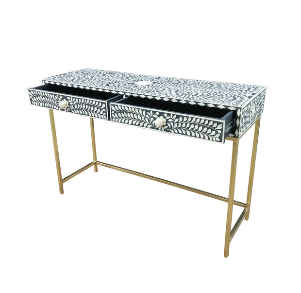 Bone Inlay 2 Drawer Side Table - Black Floral - Abacus and Hunt Melbourne | Unique Furniture