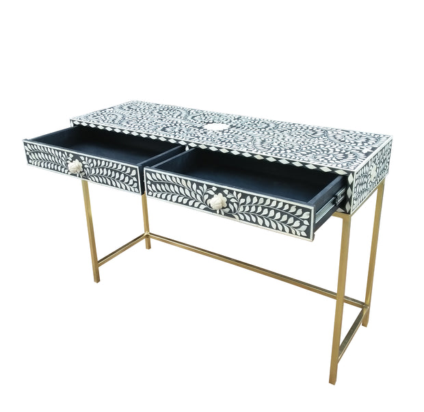 Bone Inlay 2 Drawer Side Table - Black Floral - Abacus and Hunt Melbourne | Unique Furniture
