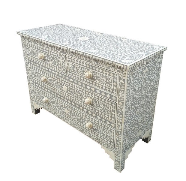 Bone Inlay 4 Drawer Chest of Drawers - Grey Floral - Abacus and Hunt Melbourne | Unique Furniture