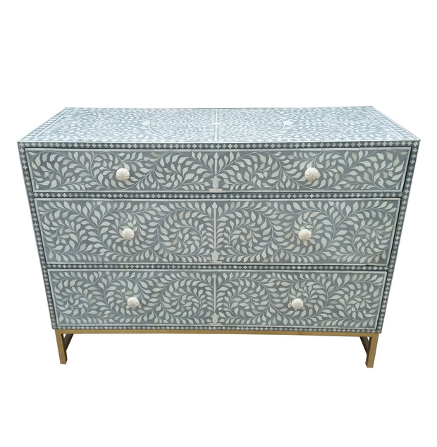 Bone Inlay 3 Drawer Chest of Drawers - Grey Floral - Abacus and Hunt Melbourne | Unique Furniture