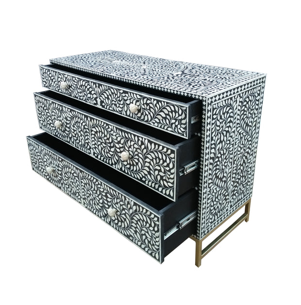 Bone Inlay 3 Drawer Chest of Drawers - Black Floral - Abacus and Hunt Melbourne | Unique Furniture