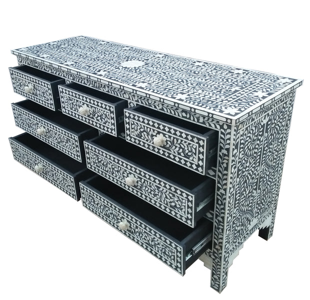 Bone Inlay 7 Drawer Chest of Drawers - Black Floral - Abacus and Hunt Melbourne | Unique Furniture