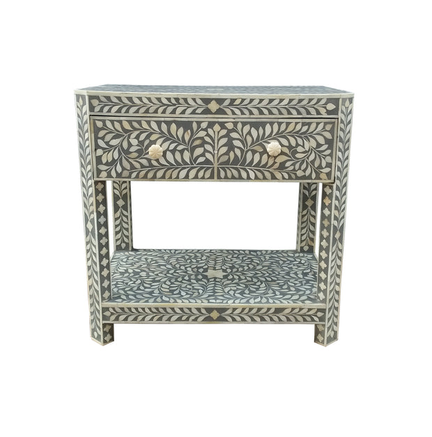 Bone Inlay 1 Drawer Bedside Table or Side Table with Shelf - Grey Floral - Abacus and Hunt Melbourne | Unique Furniture