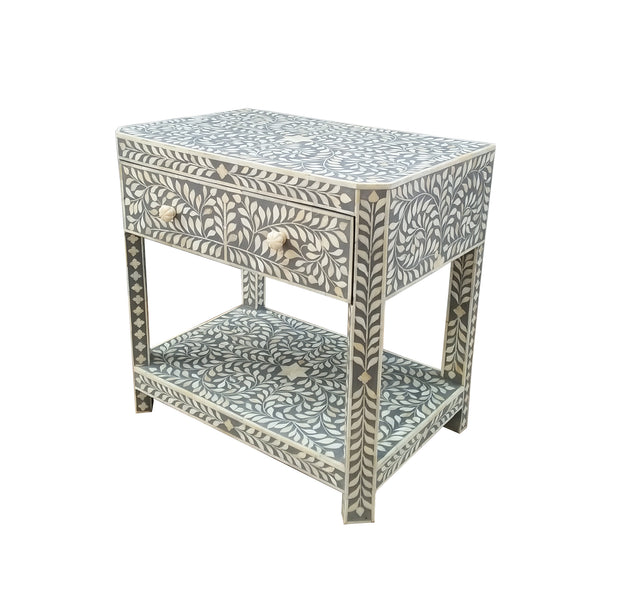 Bone Inlay 1 Drawer Bedside Table or Side Table with Shelf - Grey Floral - Abacus and Hunt Melbourne | Unique Furniture