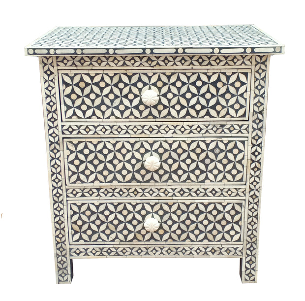 Bone Inlay Large 3 Drawer Bedside Table - Black Geometric - Abacus and Hunt Melbourne | Unique Furniture